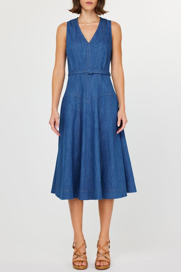 Denim Sleeveless V-Neck Flattering Midi Dress with Belt  A Phoenix Niche  Boutique