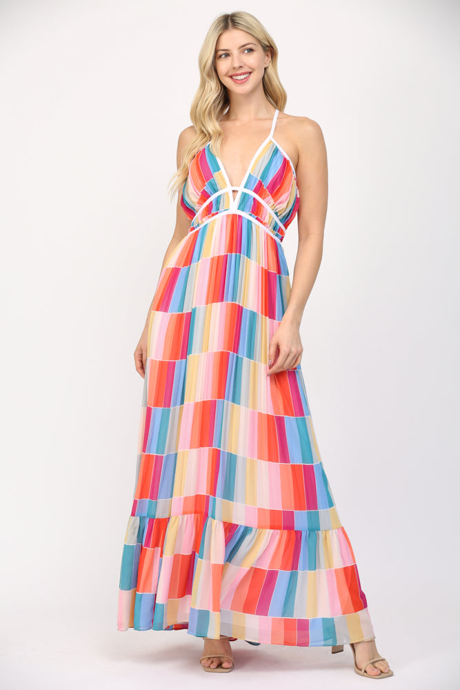 Multi Colored Geometric Printed Maxi Dress With Front Placket & Half Sleeves main image 0