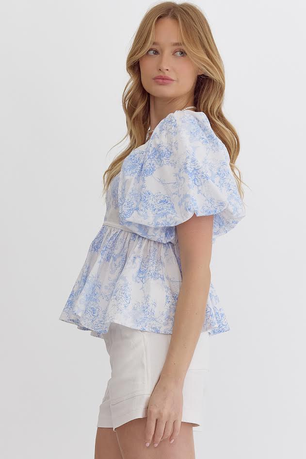 Endless Roses Bubble Sleeve Peplum Blouse