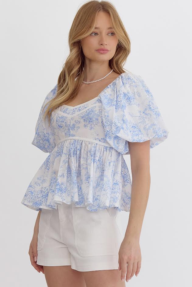 Endless Roses Bubble Sleeve Peplum Blouse