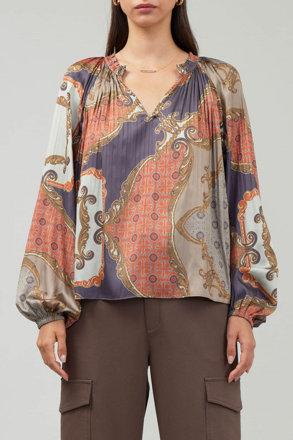 Brown Multi Pleated Sleeve Top