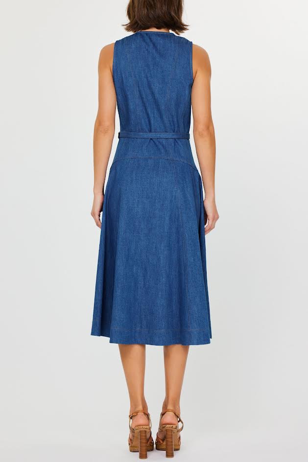 Denim Sleeveless V-Neck Flattering Midi Dress with Belt