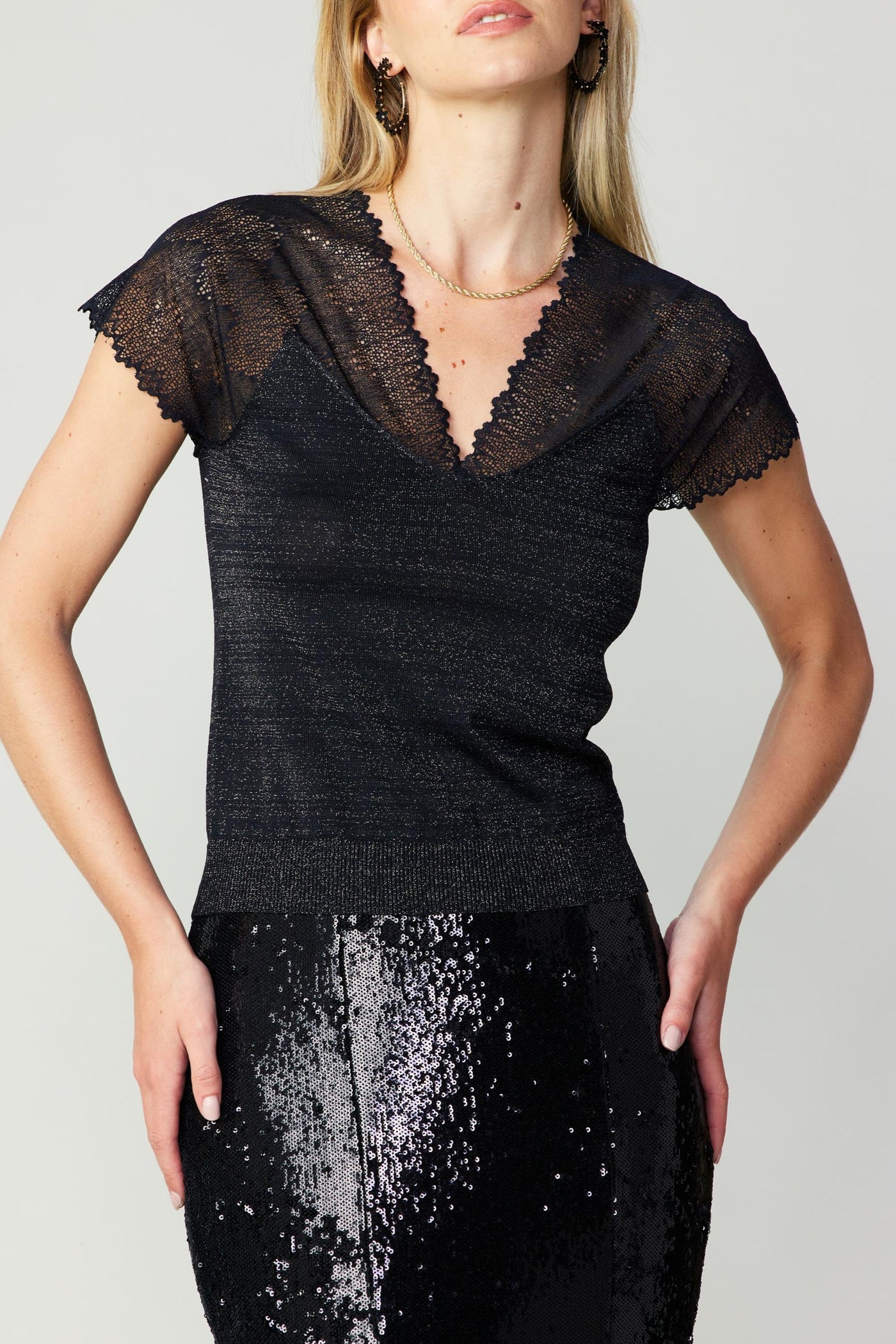 Silver Metallic/Lace Contrast Knit Top