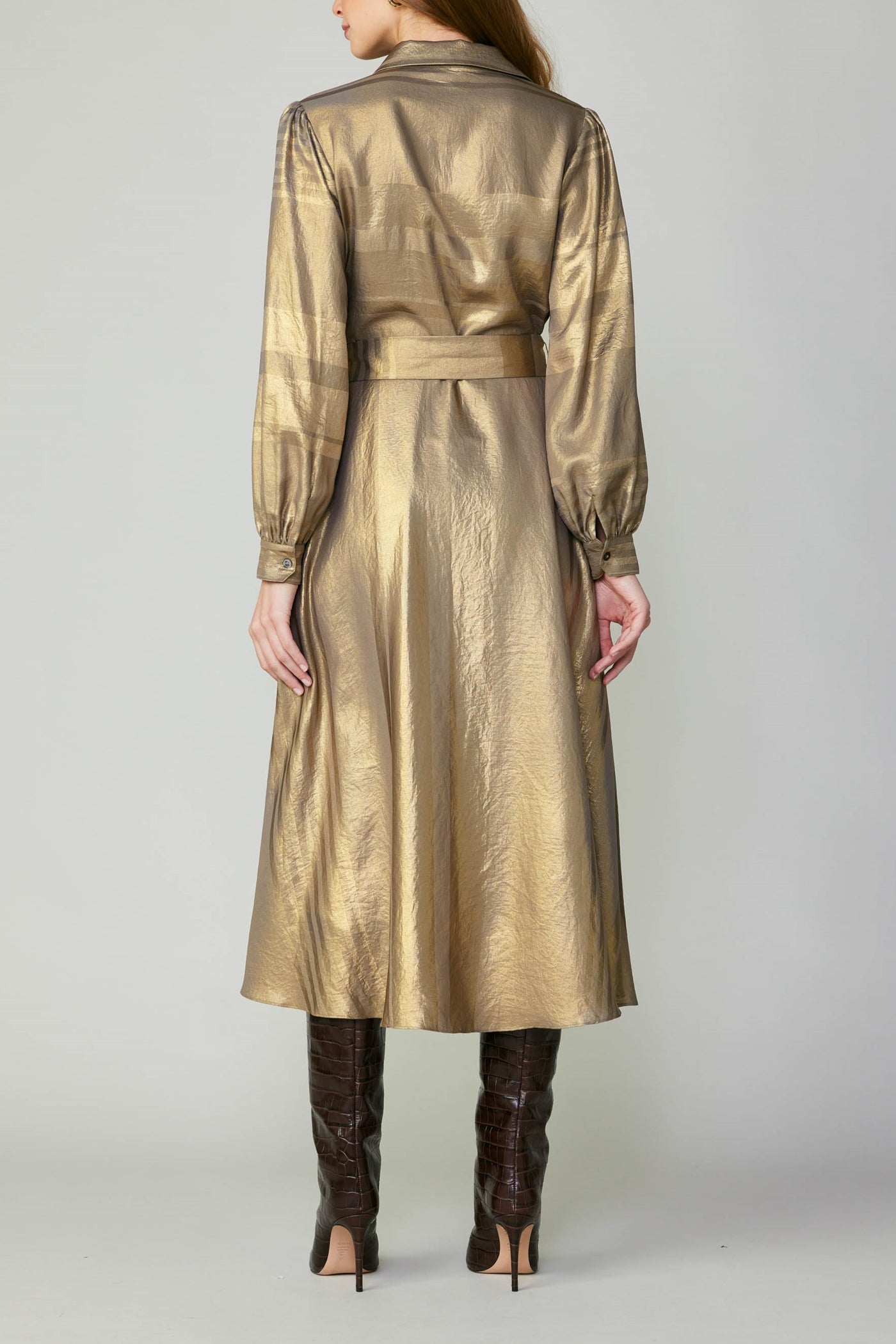 Gold Long Sleeve Button Down Midi Dress