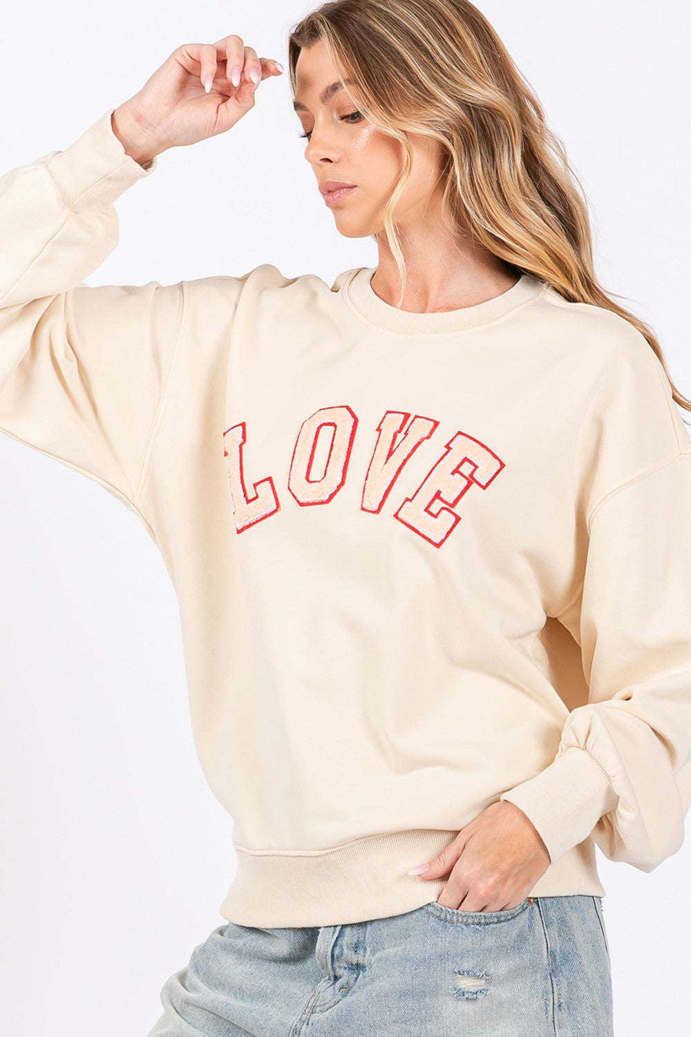 SAGE + FIG LOVE Path Applique Drop Shoulder Sweatshirt