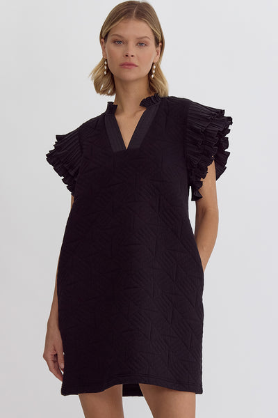Black V-Neck Flutter Knit Mini Dress