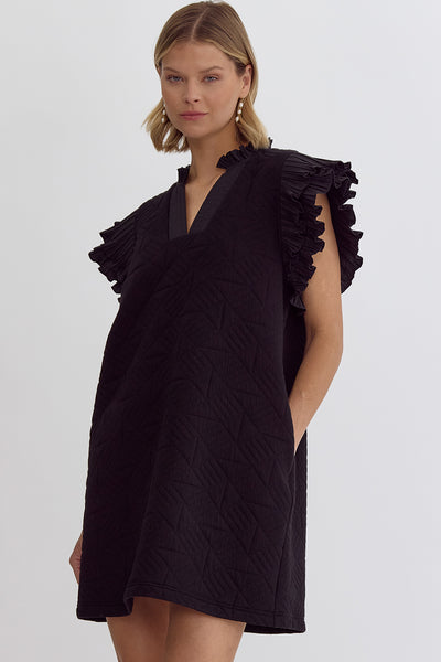 Black V-Neck Flutter Knit Mini Dress