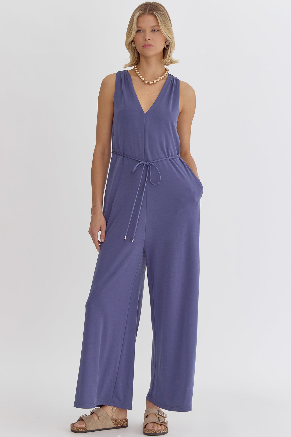 Solid V-Neck Sleeveless Jumpsuit