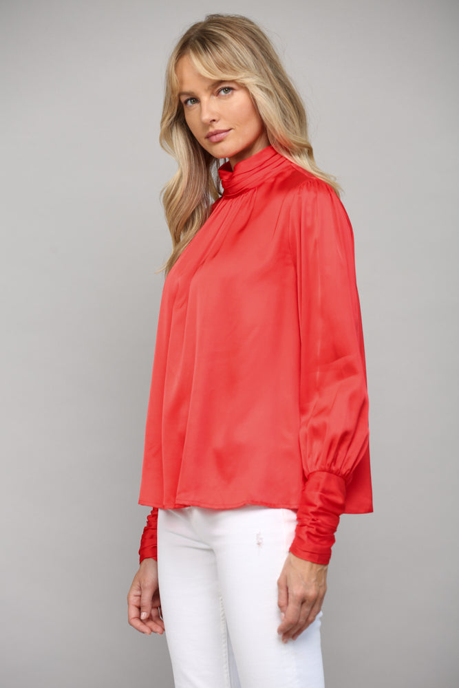 High Collar Long Ruched Sleeve Blouse
