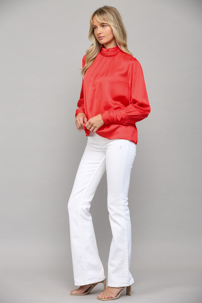 High Collar Long Ruched Sleeve Blouse