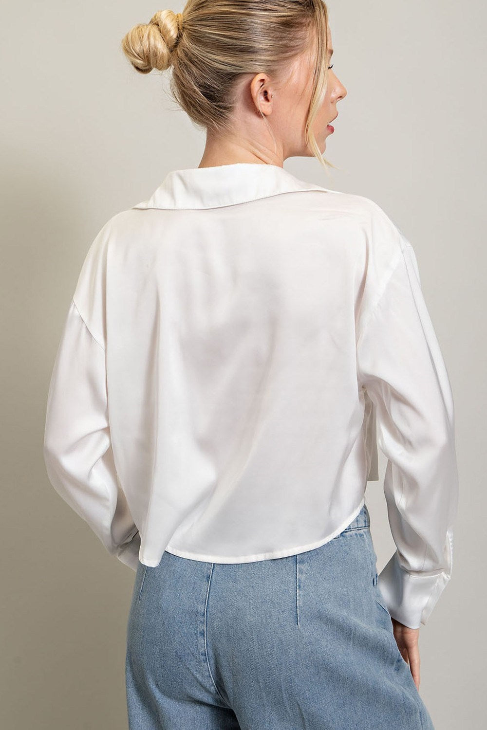 White Cropped Button Down Shirt Top