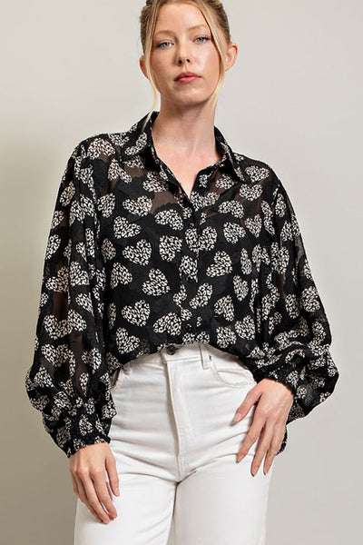 Leopard Heart Printed Button Down Top