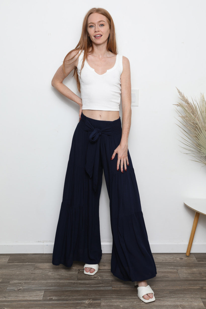 Boho Tie Waist Tiered Wide-Leg Silhouette Pant - Relaxed Fit