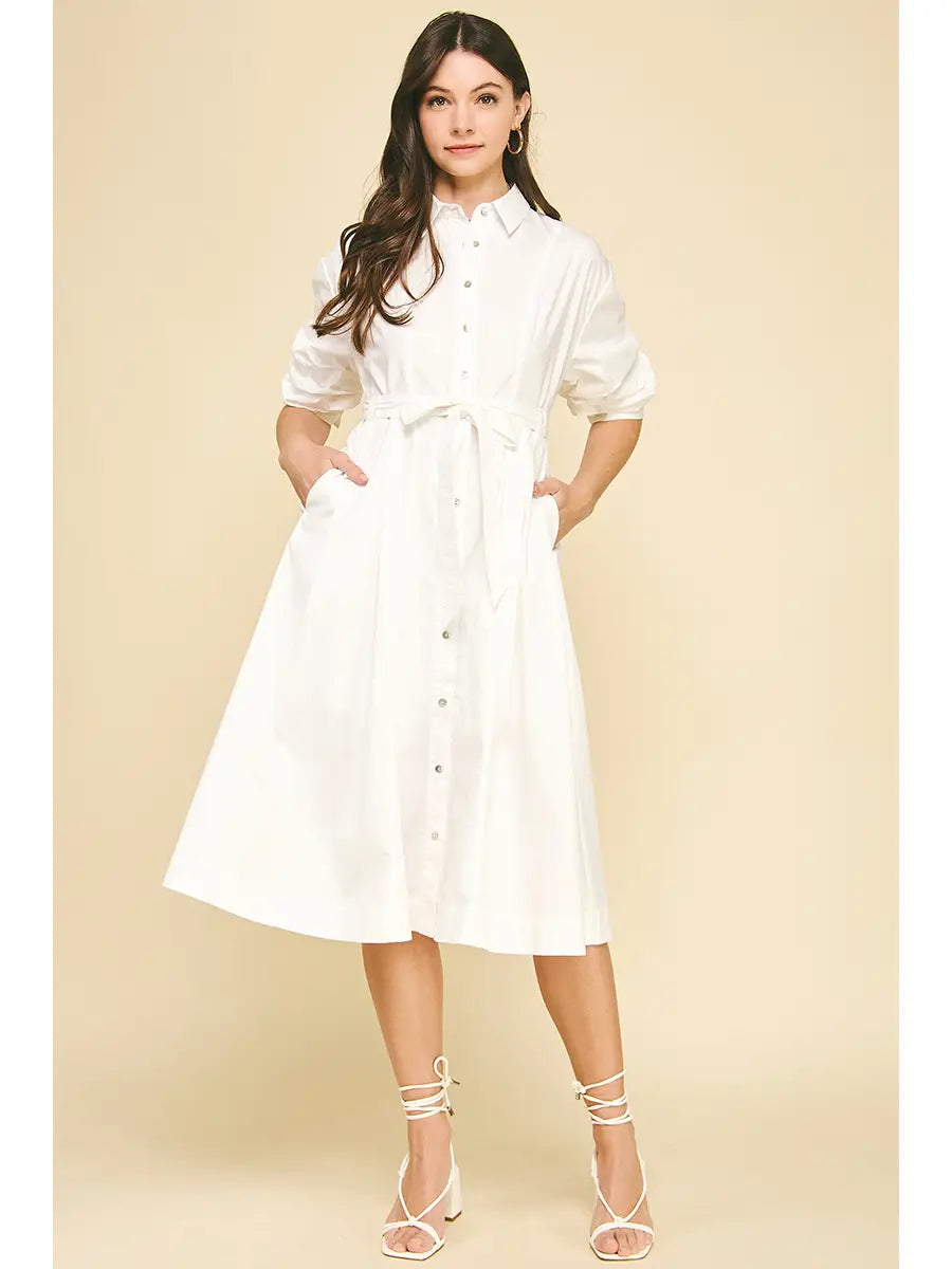 Classic White Button Midi Dress
