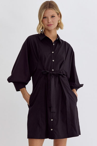 Collared Button Up 3/4 Sleeve Mini Dress With Self Tie