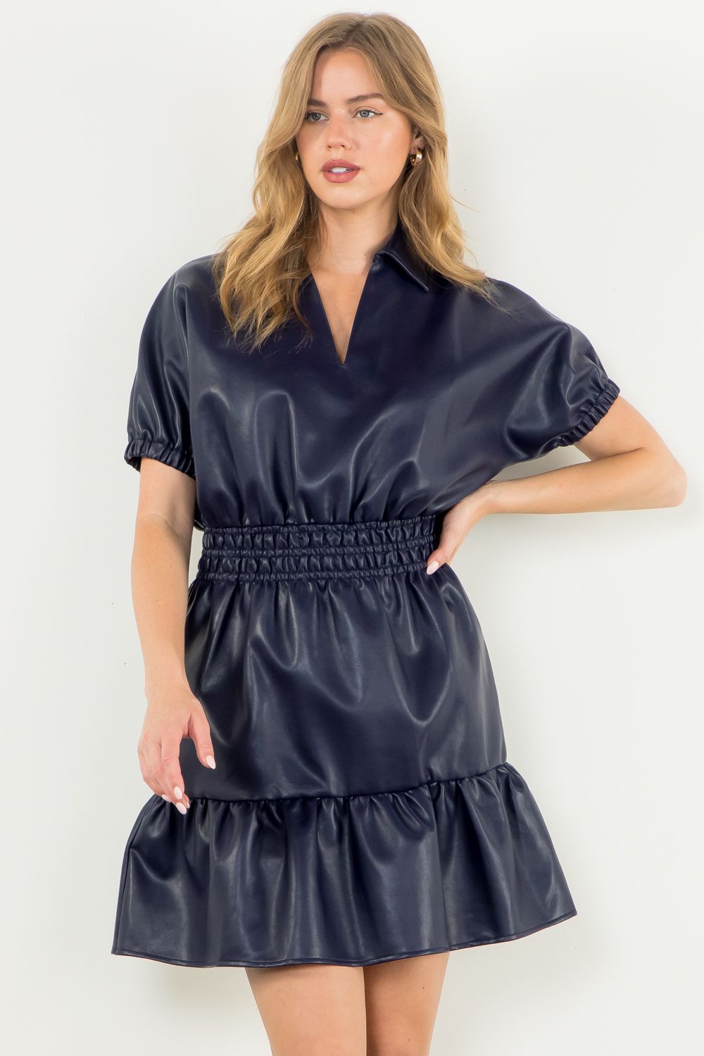 Navy Vegan Leather Smocked Waist Midi Dress