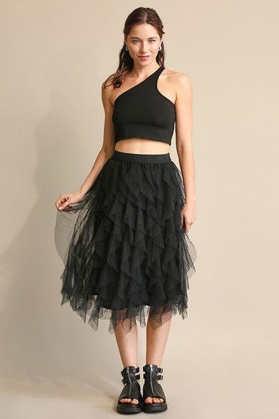 Black Embellished Tulle Layered Midi Skirt