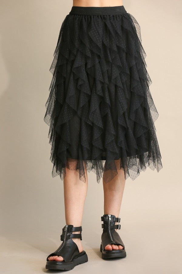 Black Embellished Tulle Layered Midi Skirt