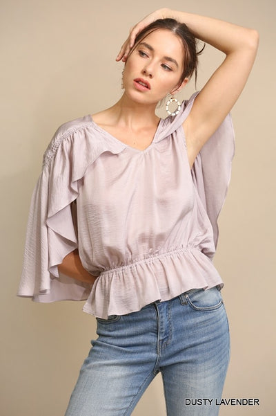 Lavender Cape Sleeve Blouse with Ruffle Detail