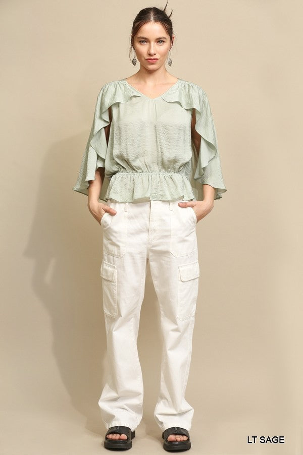 Sage Cape Sleeve Blouse with Ruffle Detail