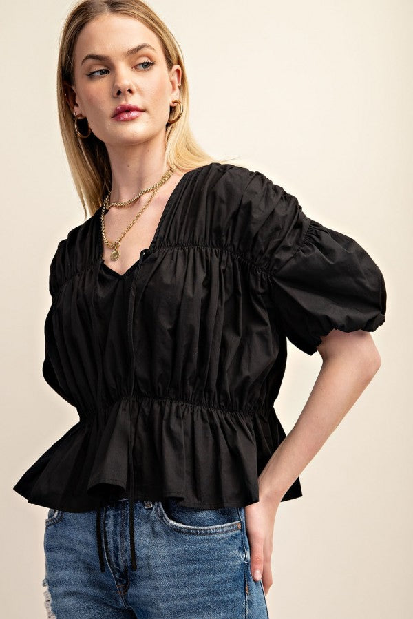 Black Tie front Shirred Puff Sleeve Blouse