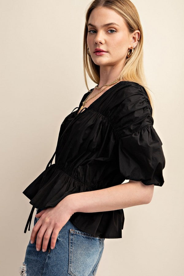 Black Tie front Shirred Puff Sleeve Blouse