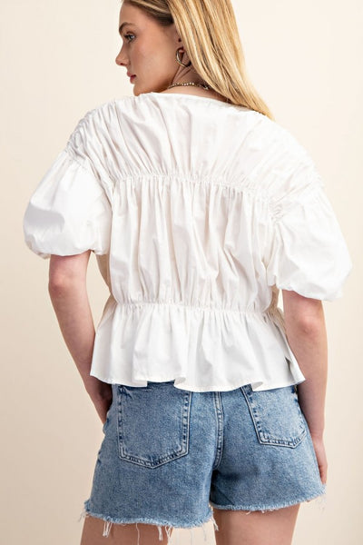 White Tie front Shirred Puff Sleeve Blouse