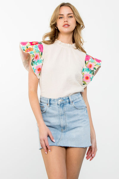 THML Embroidered Floral Sleeve Top