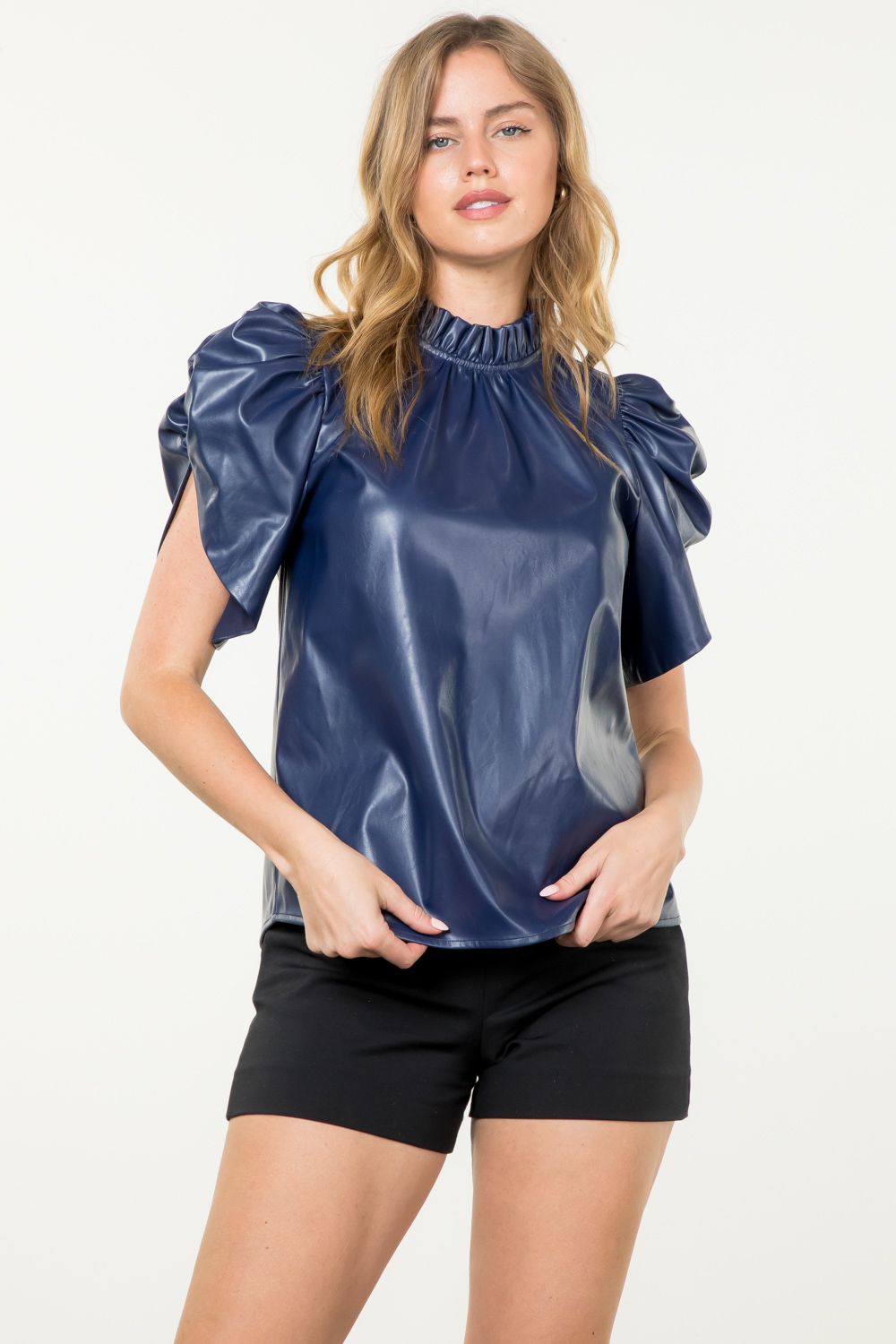 Navy Flutter Sleeve Vegan Leather Top