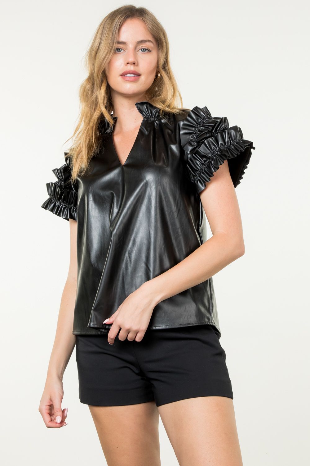 Black Ruffle Sleeve Vegan Leather Top