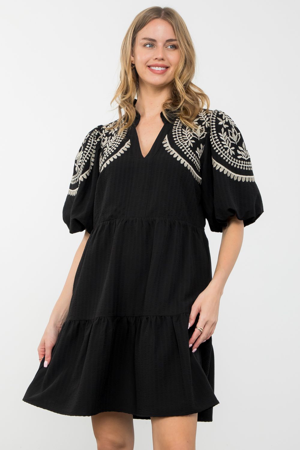 THML Bohemian Embroidered Tiered Mini Dress
