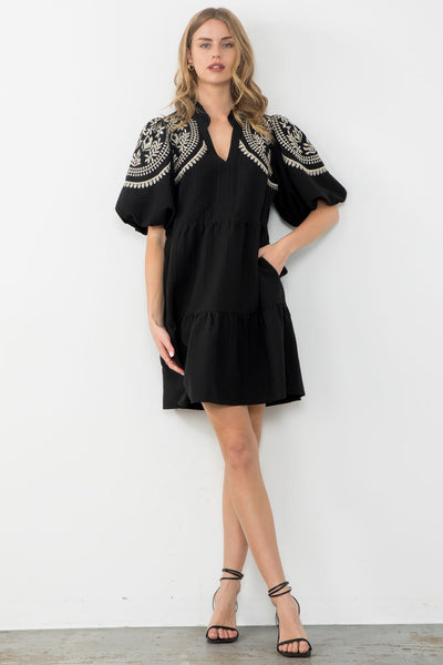THML Bohemian Embroidered Tiered Mini Dress