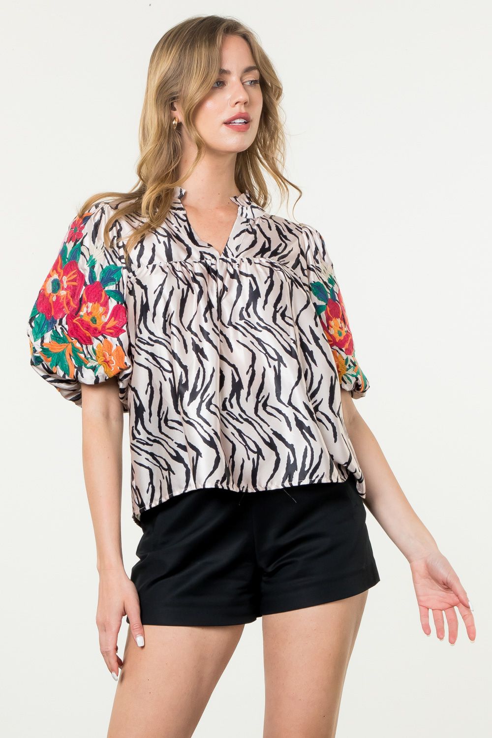 Floral Embroidery Puff Sleeve Zebra Blouse