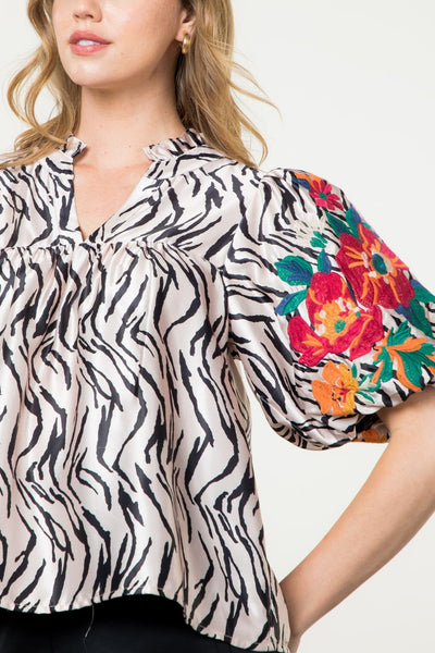 Floral Embroidery Puff Sleeve Zebra Blouse