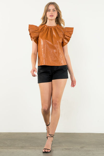 Cognac Ruffle Sleeve Vegan Leather Top