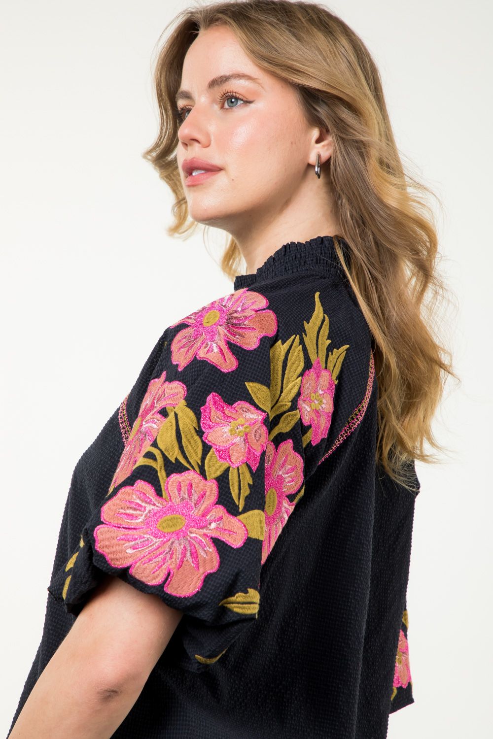 Navy Floral Embroidery Puff Sleeve Blouse