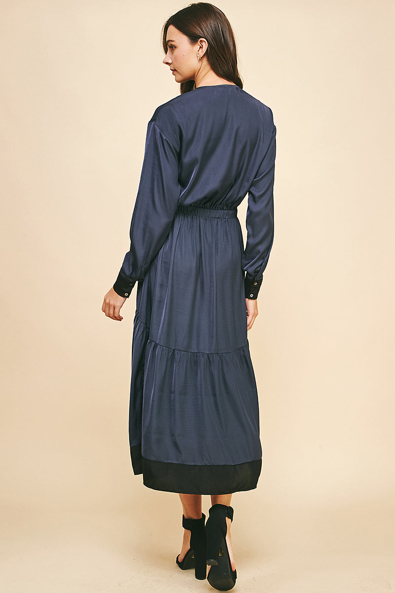 Silk Colorblock Wrap Midi Dress