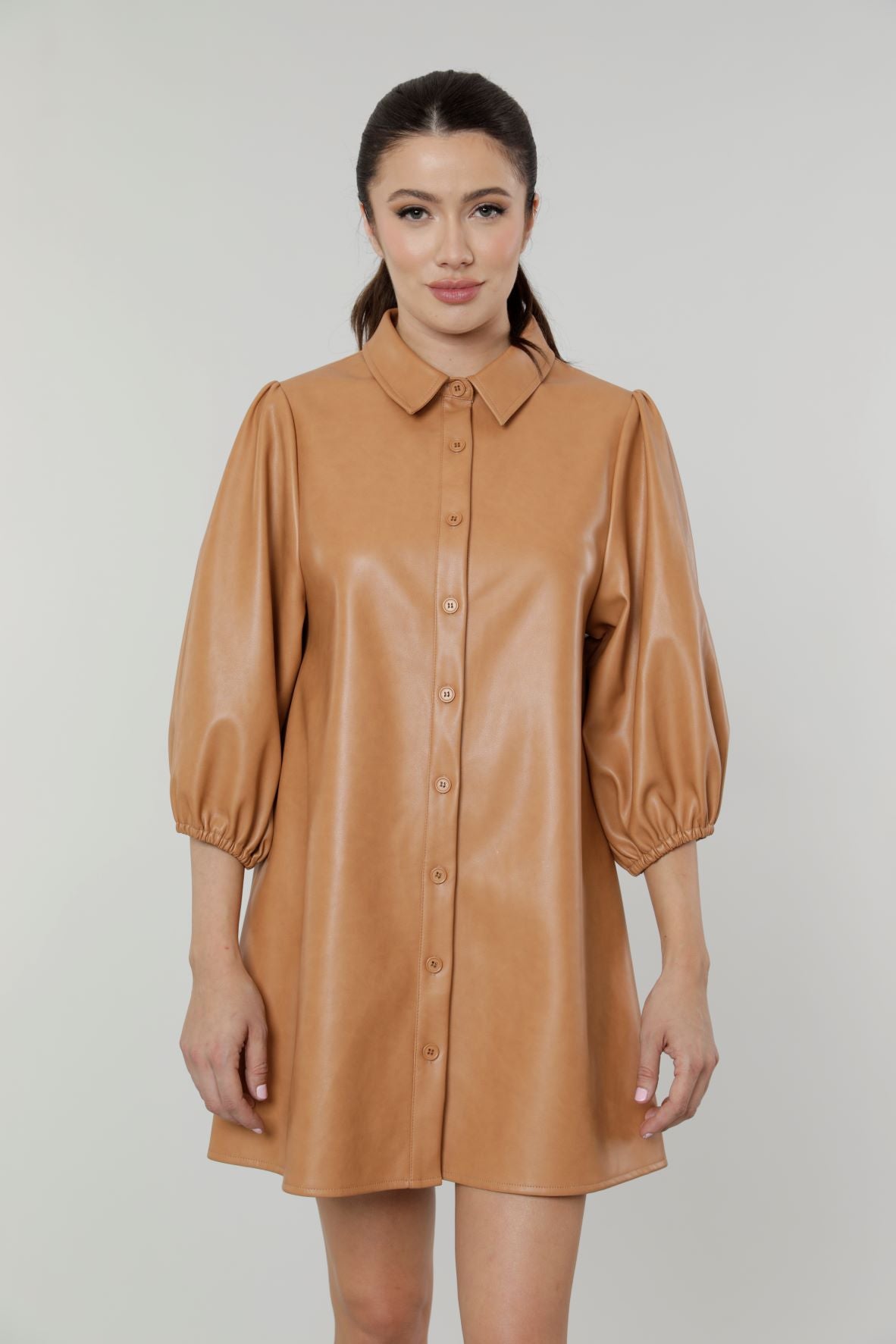 Dolce Cabo: Puff Sleeve Vegan Camel Leather Tunic