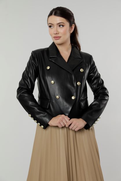 Dolce Cabo: Double-Breasted Vegan Leather Blazer
