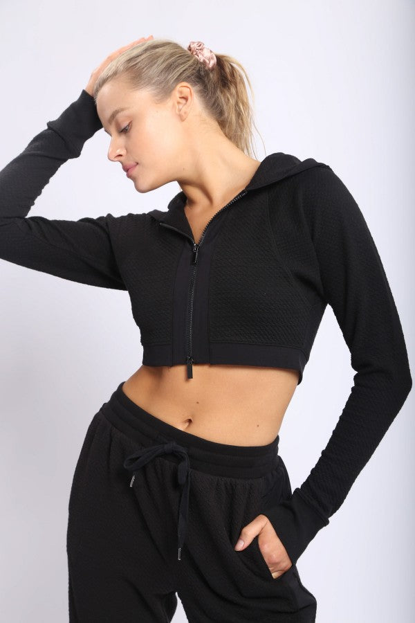 Contrast Quilted Cropped Hoodie Jacket