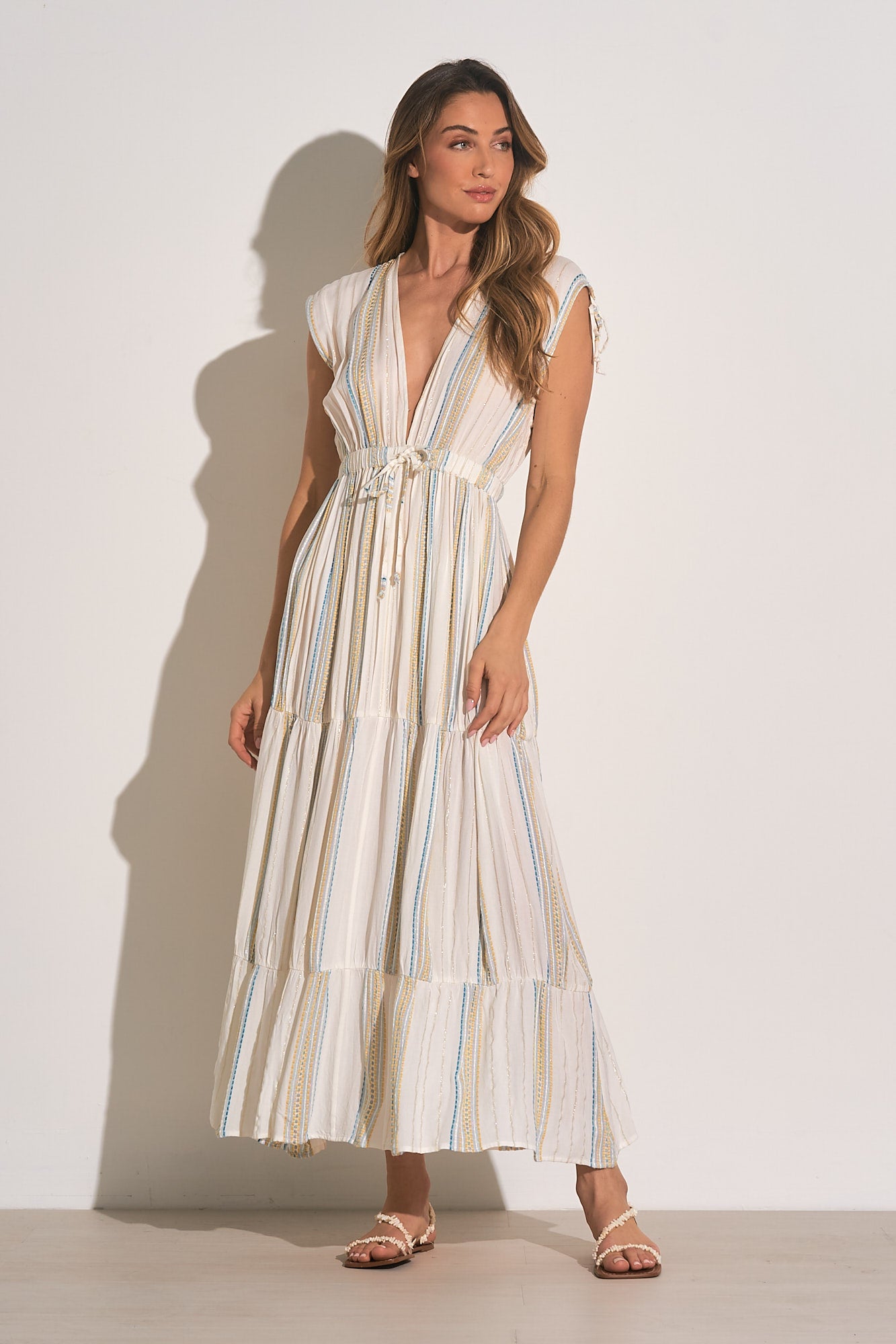 ELAN White Aqua Stripe Deep V-Neck Maxi Dress