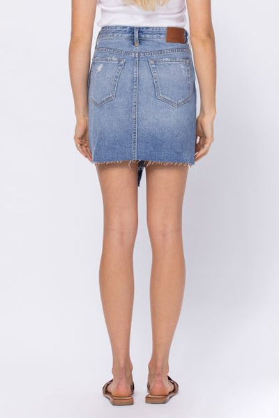 Hidden High Rise Asymmetrical Classic Mini Denim Skirt