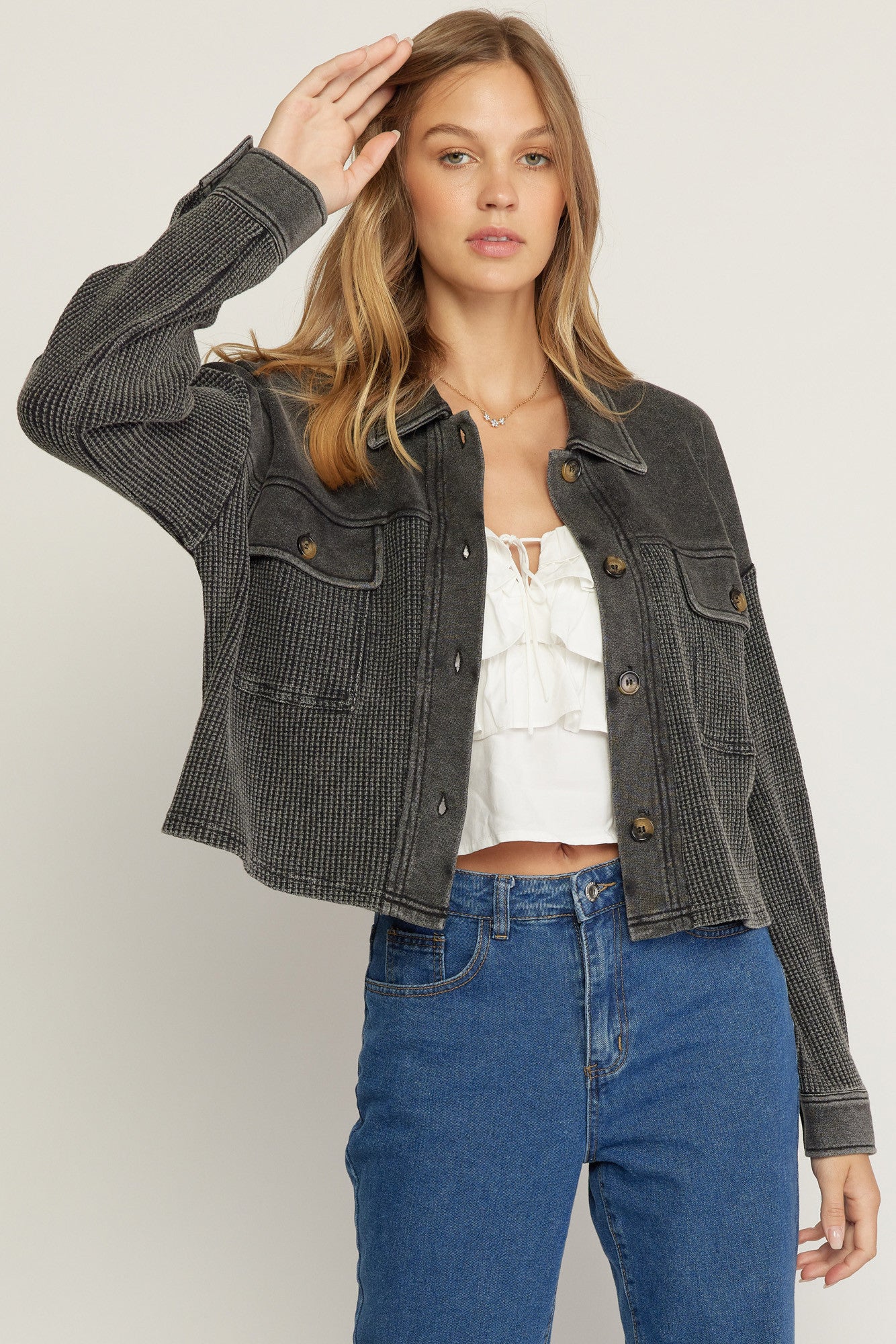 Waffle Button Up Collared Cropped Jacket