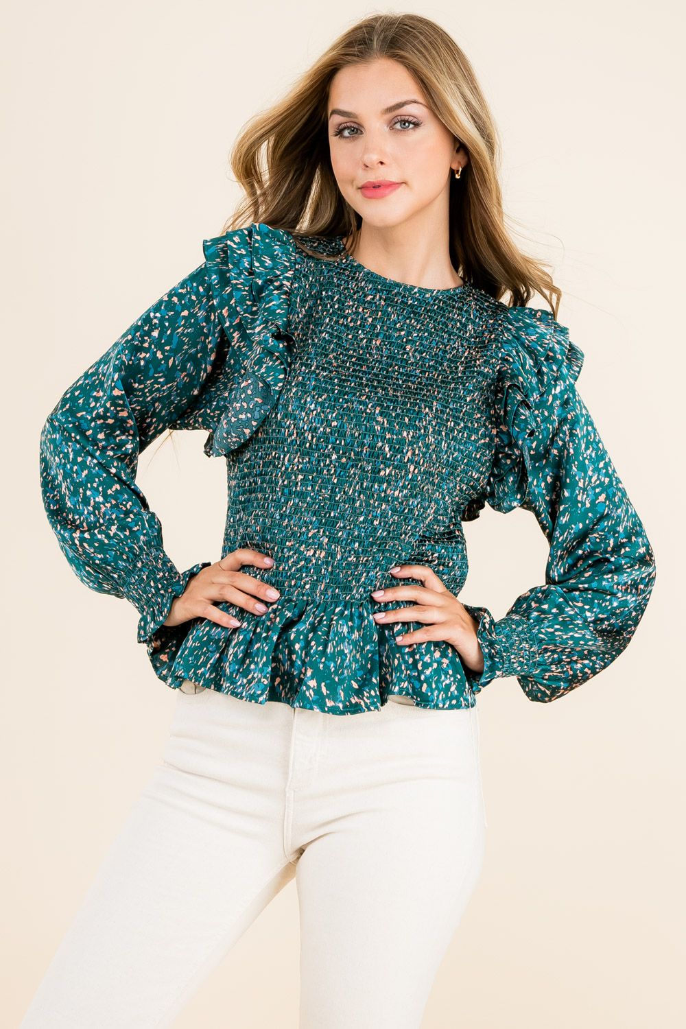 Smocked Ruffle Long Sleeve Blouse