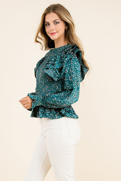 Smocked Ruffle Long Sleeve Blouse