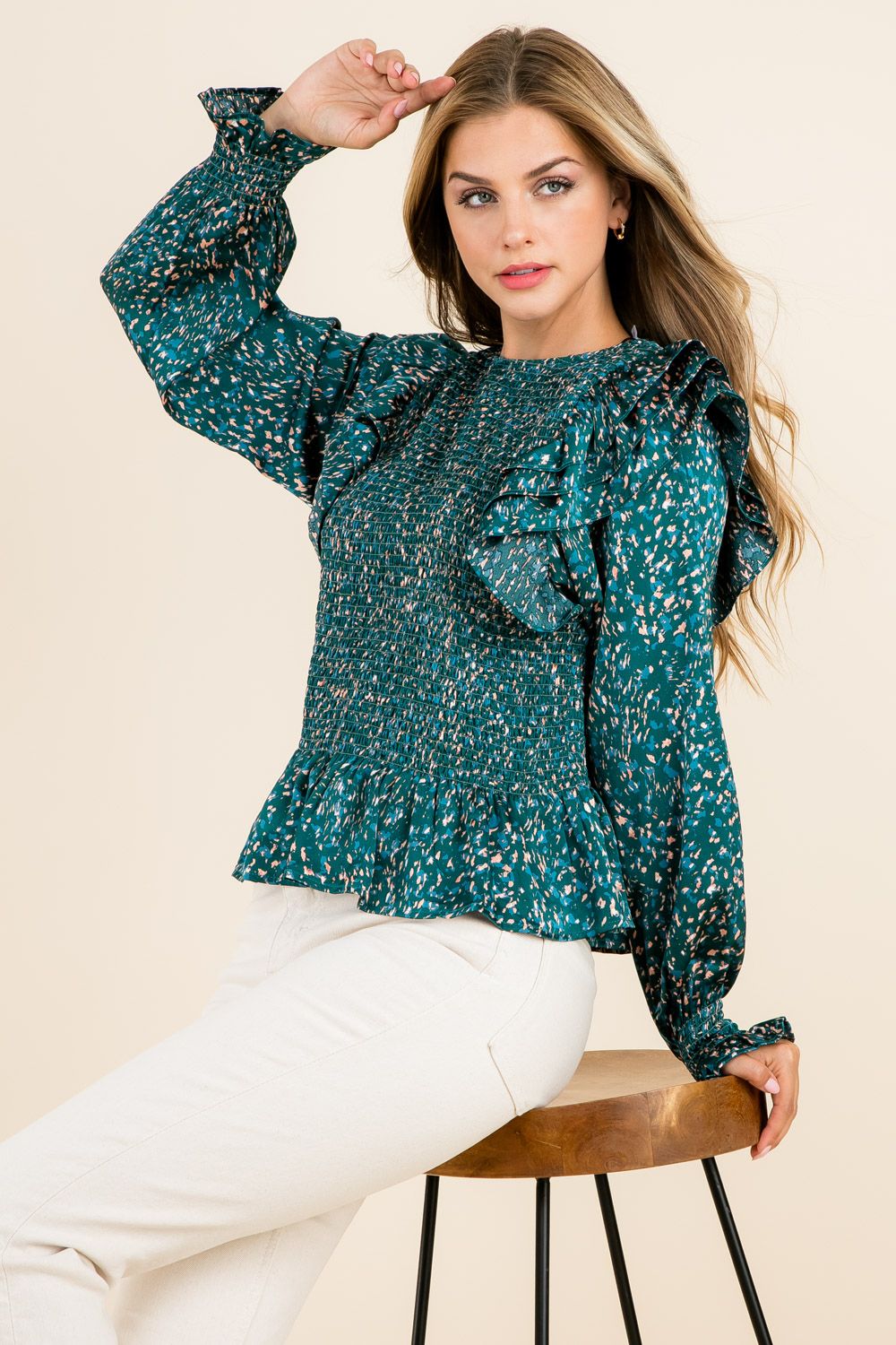 Smocked Ruffle Long Sleeve Blouse