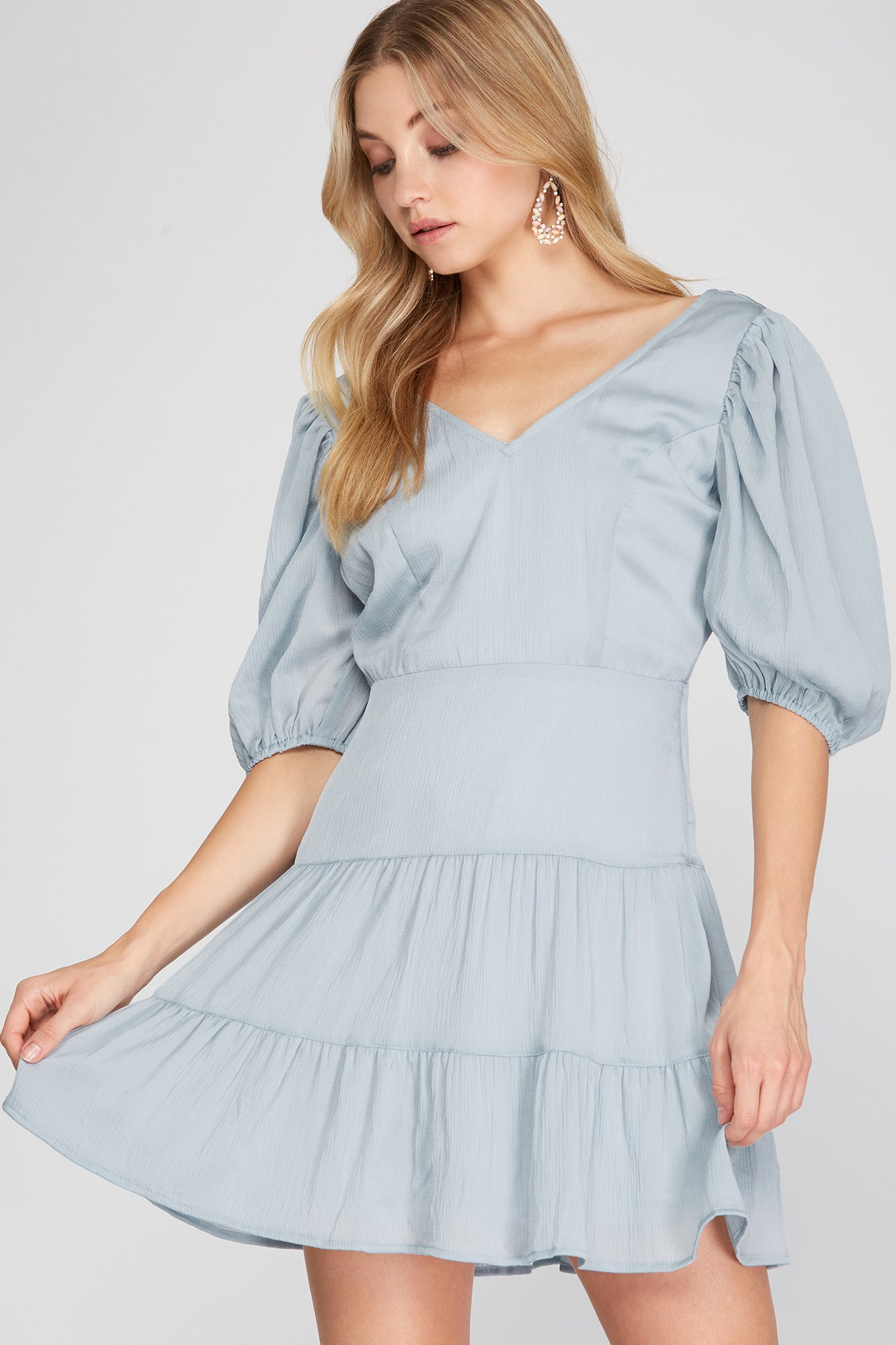 Puff Sleeve V-Neck Tiered Dress